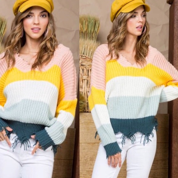 Spring ColorBlock Frayed Oversized Slouchy Sweater - Picture 2 of 9